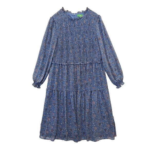 Dip Dress Womens Plus 20 W Blue Floral Cottage Sheer Long Puff Sleeves Peasant - Picture 1 of 11